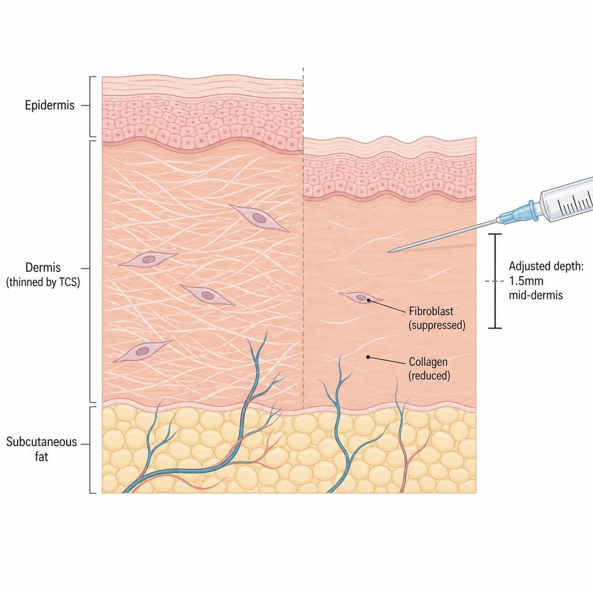 Diagram comparing normal dermis versus topical-corticosteroid-thinned dermis, showing collagen reduction and implications for filler placement depth