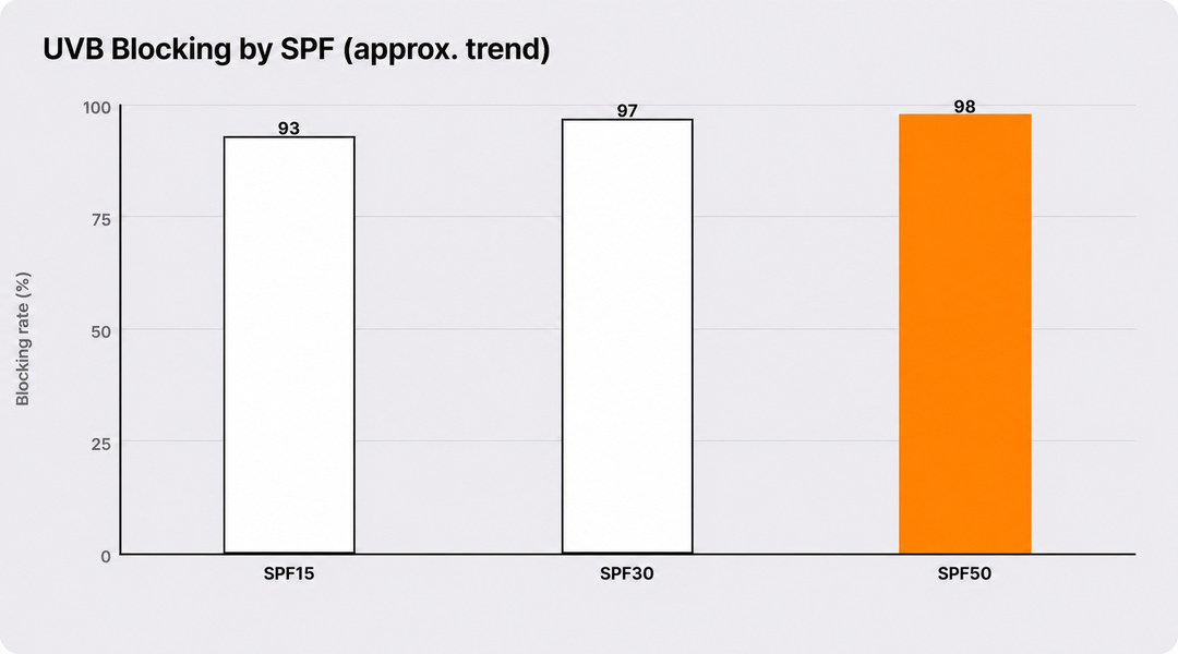 Approximate UVB filtration rate by SPF level (general trend)