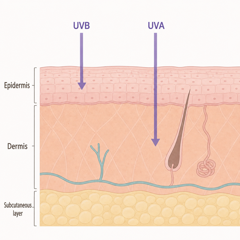 Depth comparison: UVB reaches the epidermis, UVA penetrates to the dermis