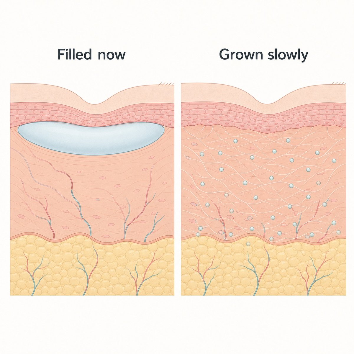 Cross-section diagram comparing immediate volume placement with gradual collagen build-up in the temple