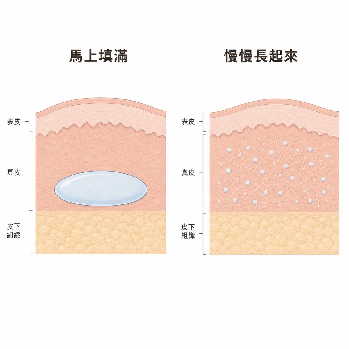 比較太陽穴兩種補充體積方式的斷面圖，一邊是當場填滿，一邊是逐漸生成