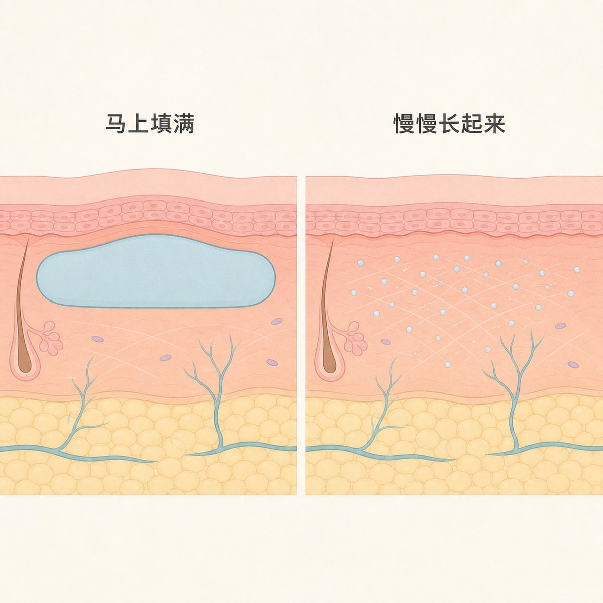 比较太阳穴两种补充体积方式的断面图，一边是当场填满，一边是逐渐生成