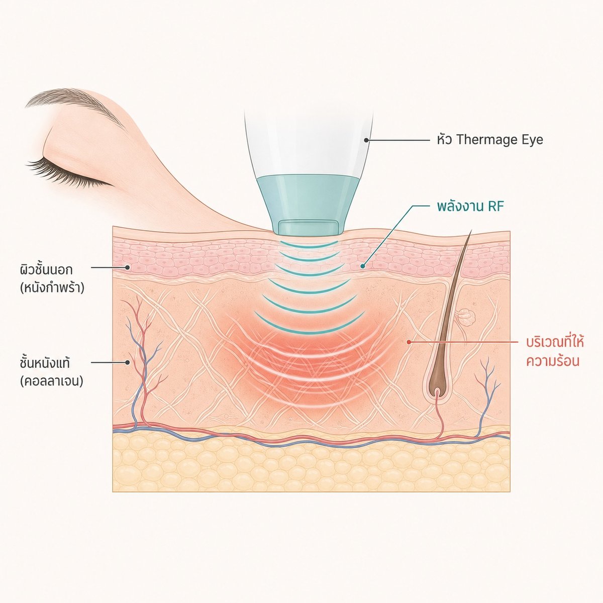 ภาพแสดงการส่งพลังงาน RF จากหัว Thermage Eye เข้าสู่ชั้นผิวรอบดวงตาเพื่อกระตุ้นคอลลาเจน