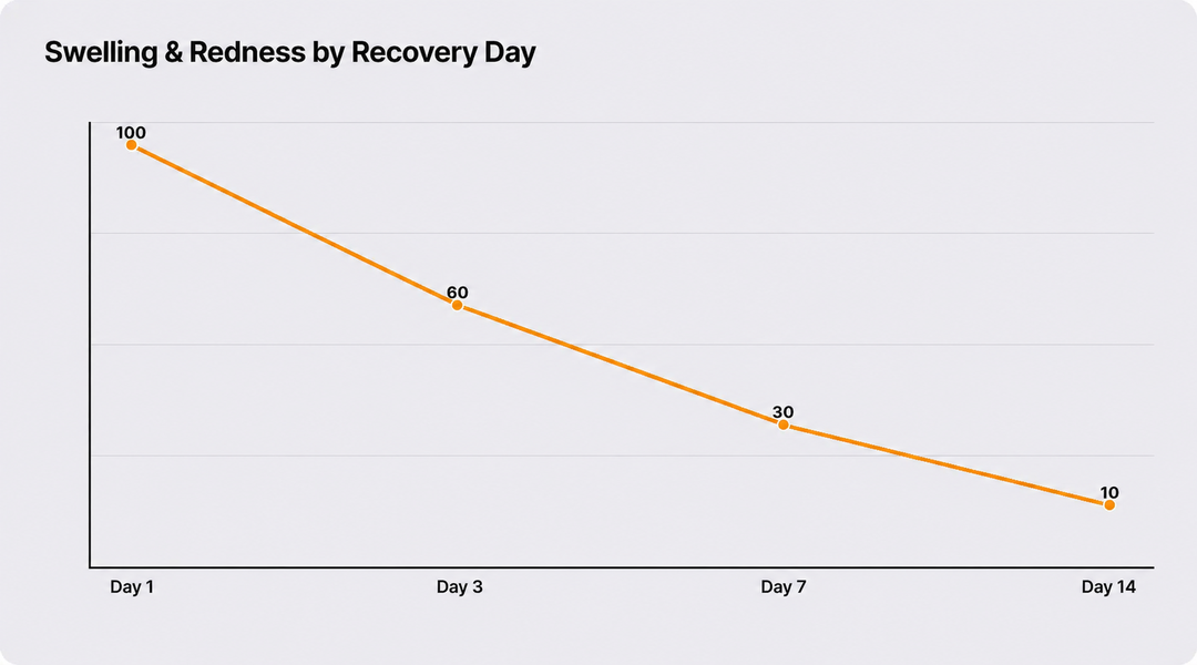 Day-by-day recovery chart showing Swelling and Erythema intensity