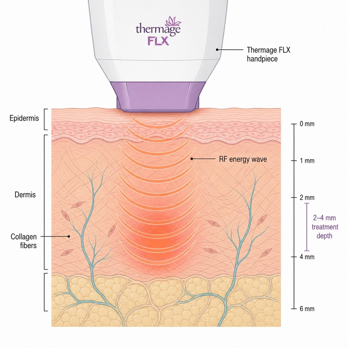 Diagram showing how Thermage FLX radiofrequency energy reaches the dermis to stimulate collagen