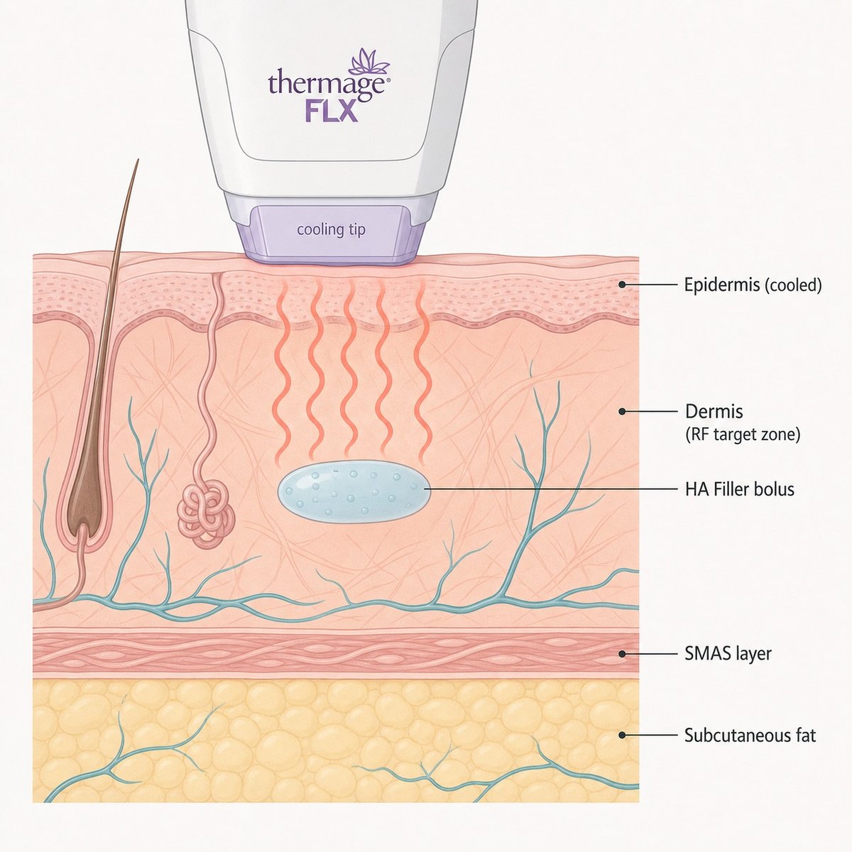 Where Thermage FLX heat concentrates, relative to where a filler bolus sits in the dermis.
