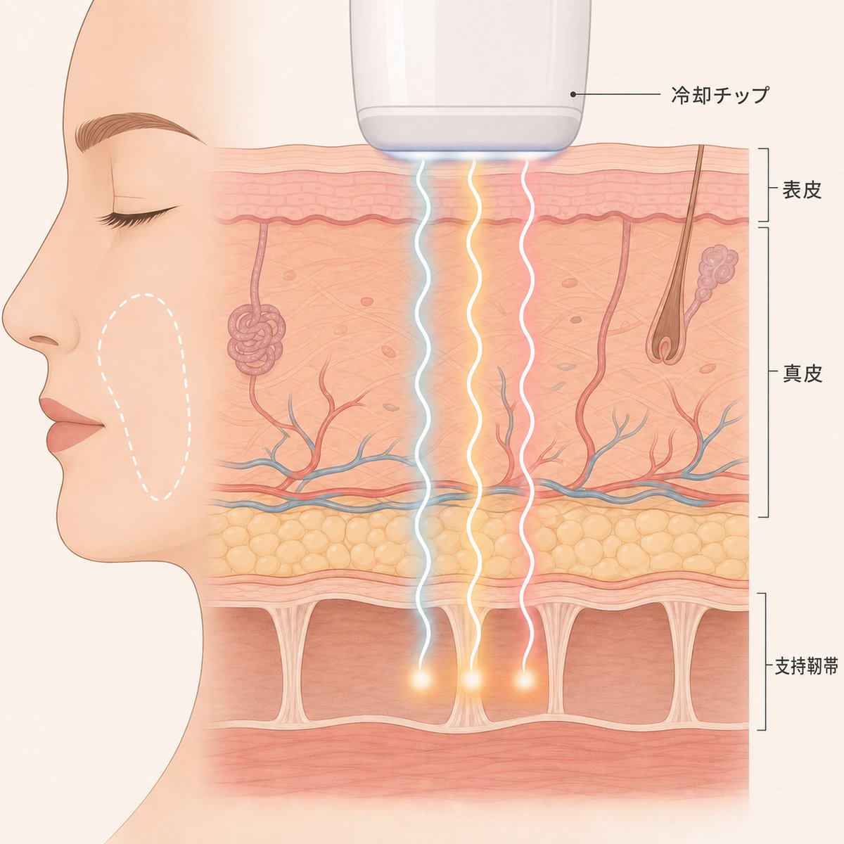 三つの波長のレーザーエネルギーが真皮と支持靭帯まで届く断面