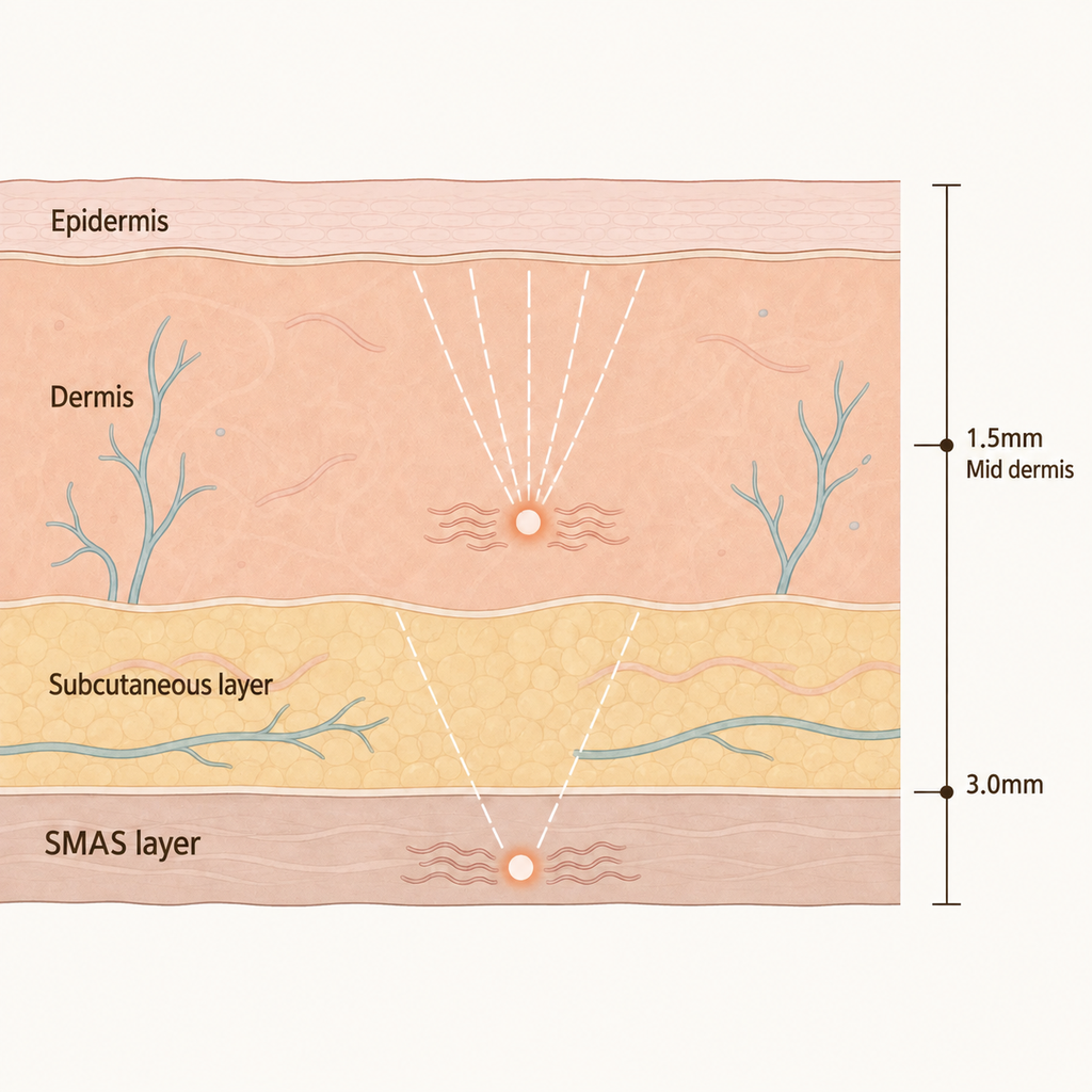 Depth of Ultherapy energy reaching the Dermis and SMAS Layer