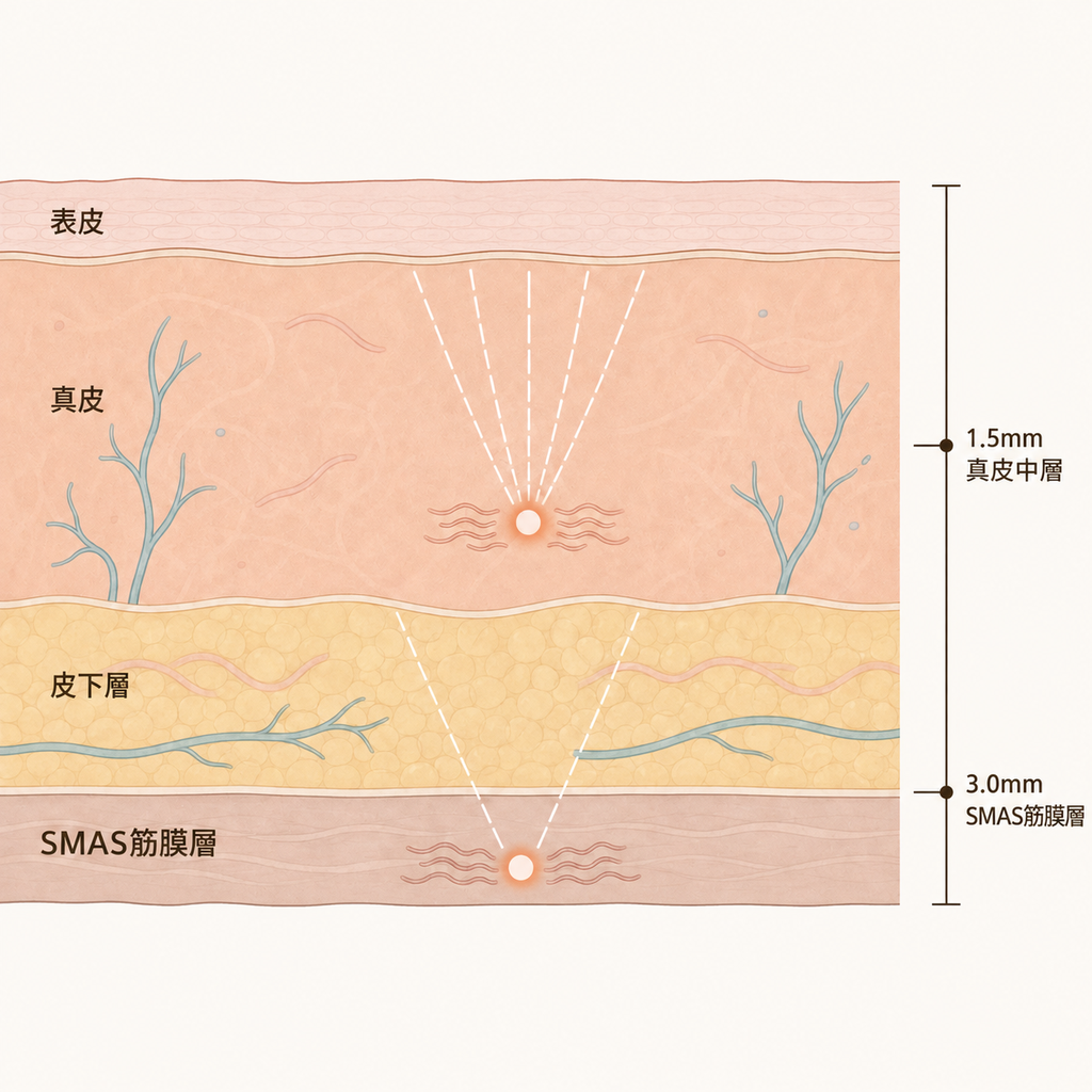 超聲刀作用的真皮層與SMAS筋膜層深度