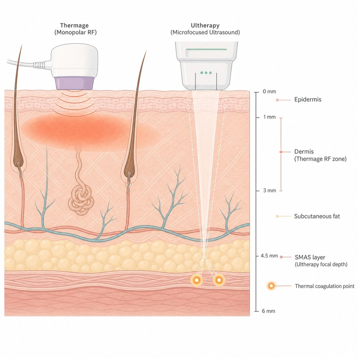 Diagram showing Thermage RF heating the dermis and Ultherapy ultrasound targeting the SMAS layer at greater depth