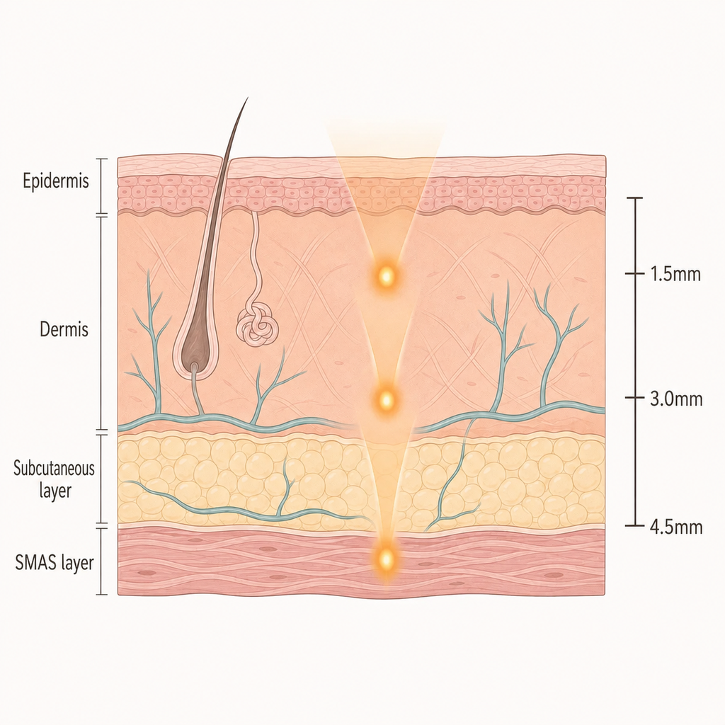 Depth of Ultherapy Prime ultrasound reaching the Dermis and SMAS Layer