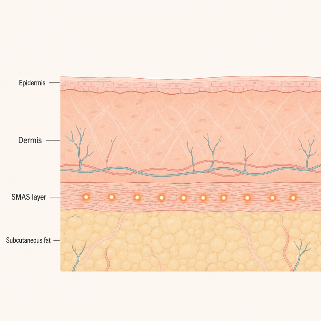 Diagram showing ultrasound energy focused at the SMAS Layer beneath the epidermis and dermis