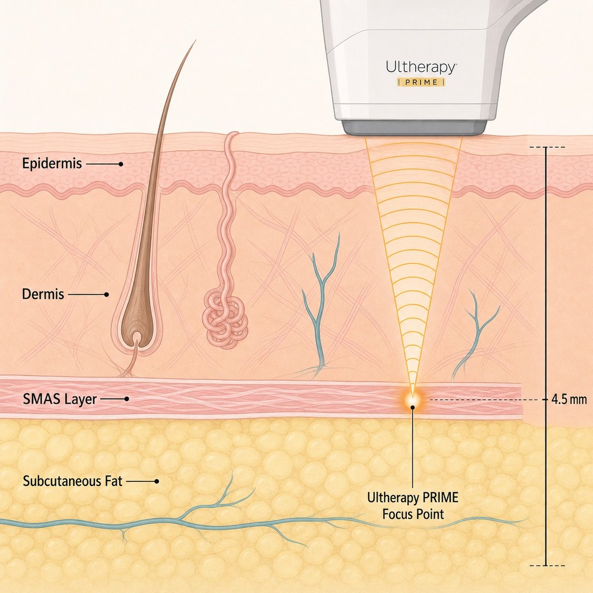 Diagram showing how Ultherapy PRIME targets the SMAS layer beneath the skin surface