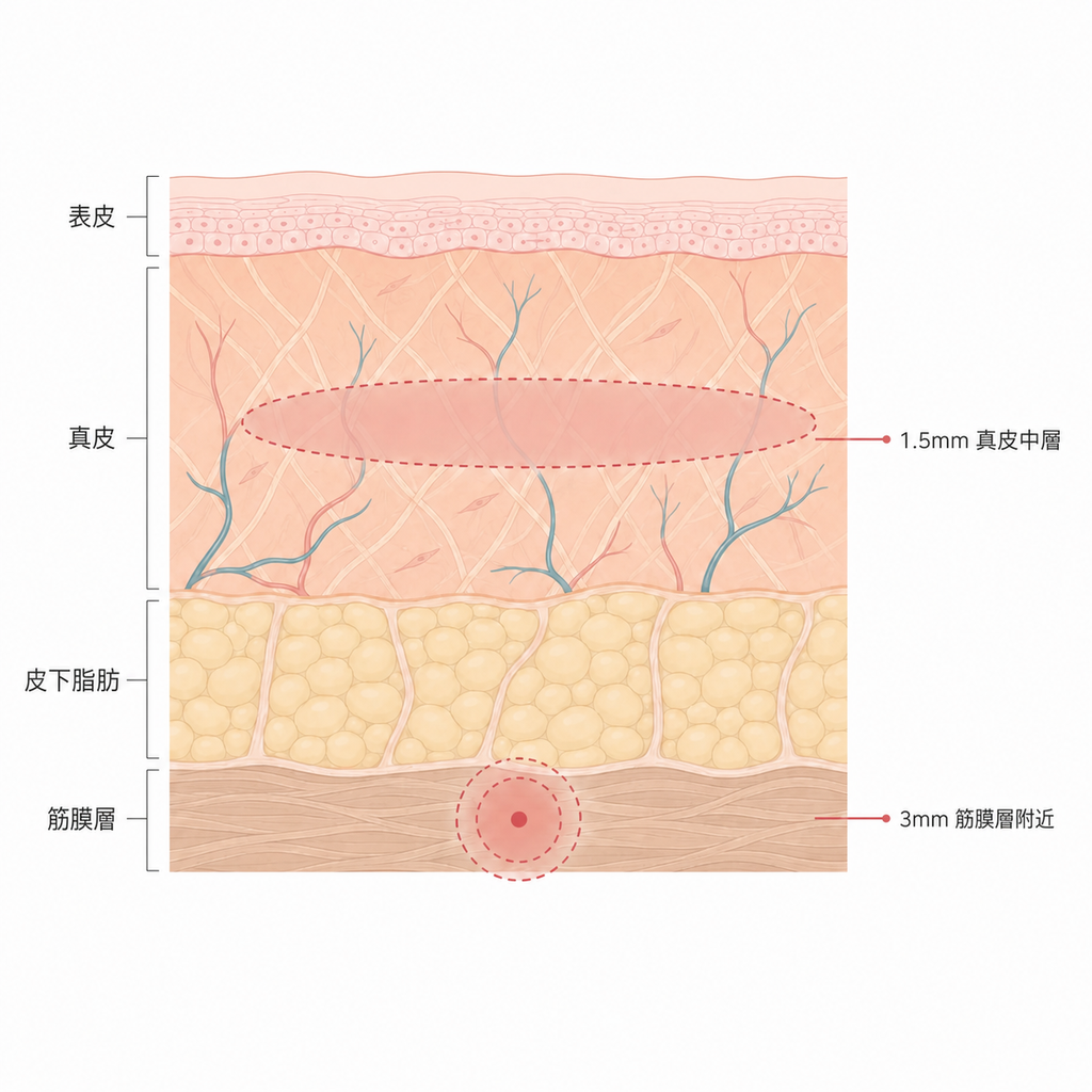 對真皮層進行大面積加熱的射頻與精準作用於深層的超音波