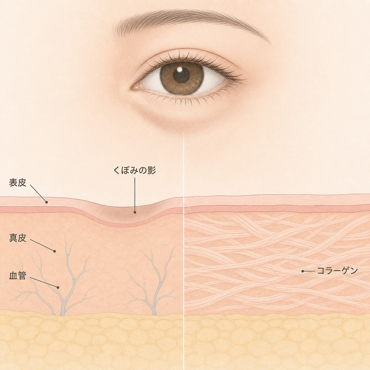 目の下の薄い皮膚と透ける血管、真皮が厚くなる変化を示した断面イラスト