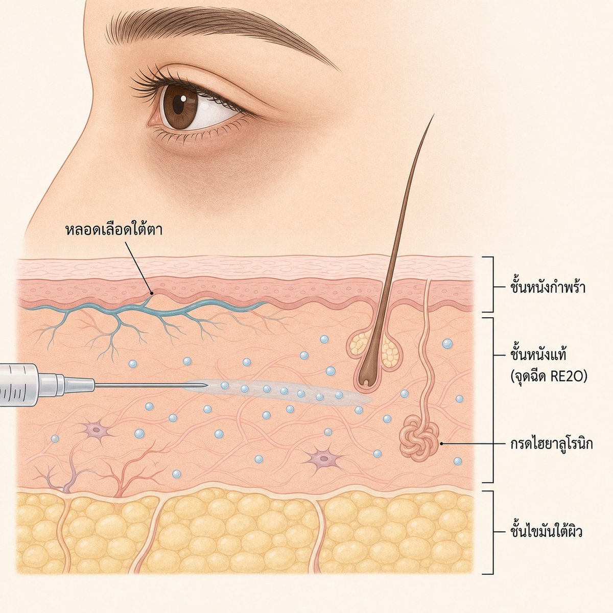 ภาพตัดขวางผิวใต้ตาแสดงกลไกการฉีด RE2O Skin Booster เข้าชั้นหนังแท้