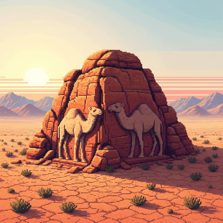 Desert Giants Rising — AI-generated collectible card | Camel Carvings Site