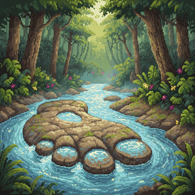 The River's Embrace — AI-generated collectible card | Giant Stone Footprint