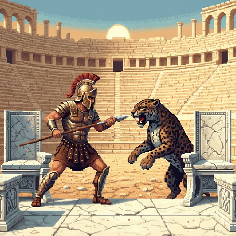 Gladiator and Panther — AI-generated collectible card | Ancient Marble Thrones