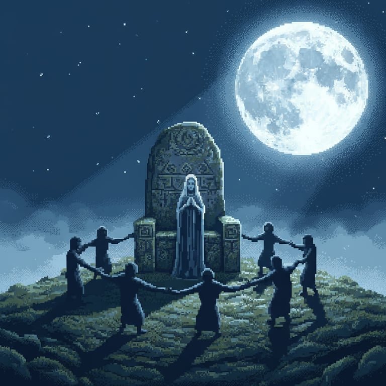 Moonlit Ritual at Loughcrew — AI-generated collectible card | The Hag's Chair