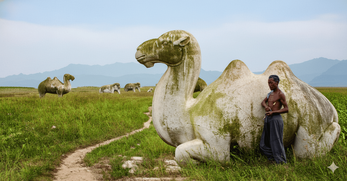 Camel Sculptures On The Road To The Ming Tombs Outside Peking. Photograph By John Thomson, Recolored — AI restored colour version | Camel sculptures on the road to the Ming tombs