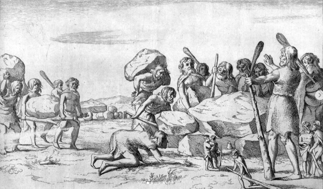 Copper Plate Engraving In Antiquiteten Showing Giants Building A Megalithic Structure — original vintage photograph | Copper plate engraving in Antiquiteten showing giants building a megalithic structure