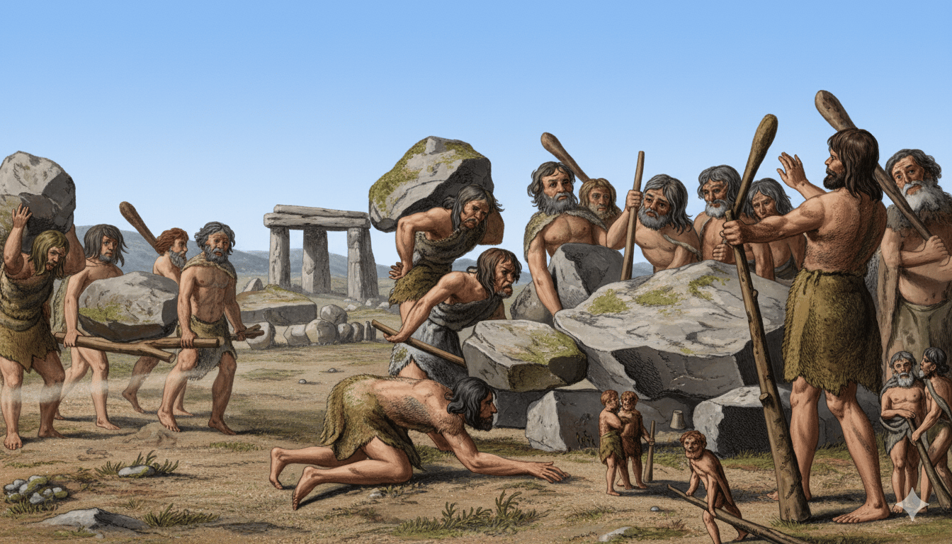 Copper Plate Engraving In Antiquiteten Showing Giants Building A Megalithic Structure Recolored — AI restored colour version | Copper plate engraving in Antiquiteten showing giants building a megalithic structure