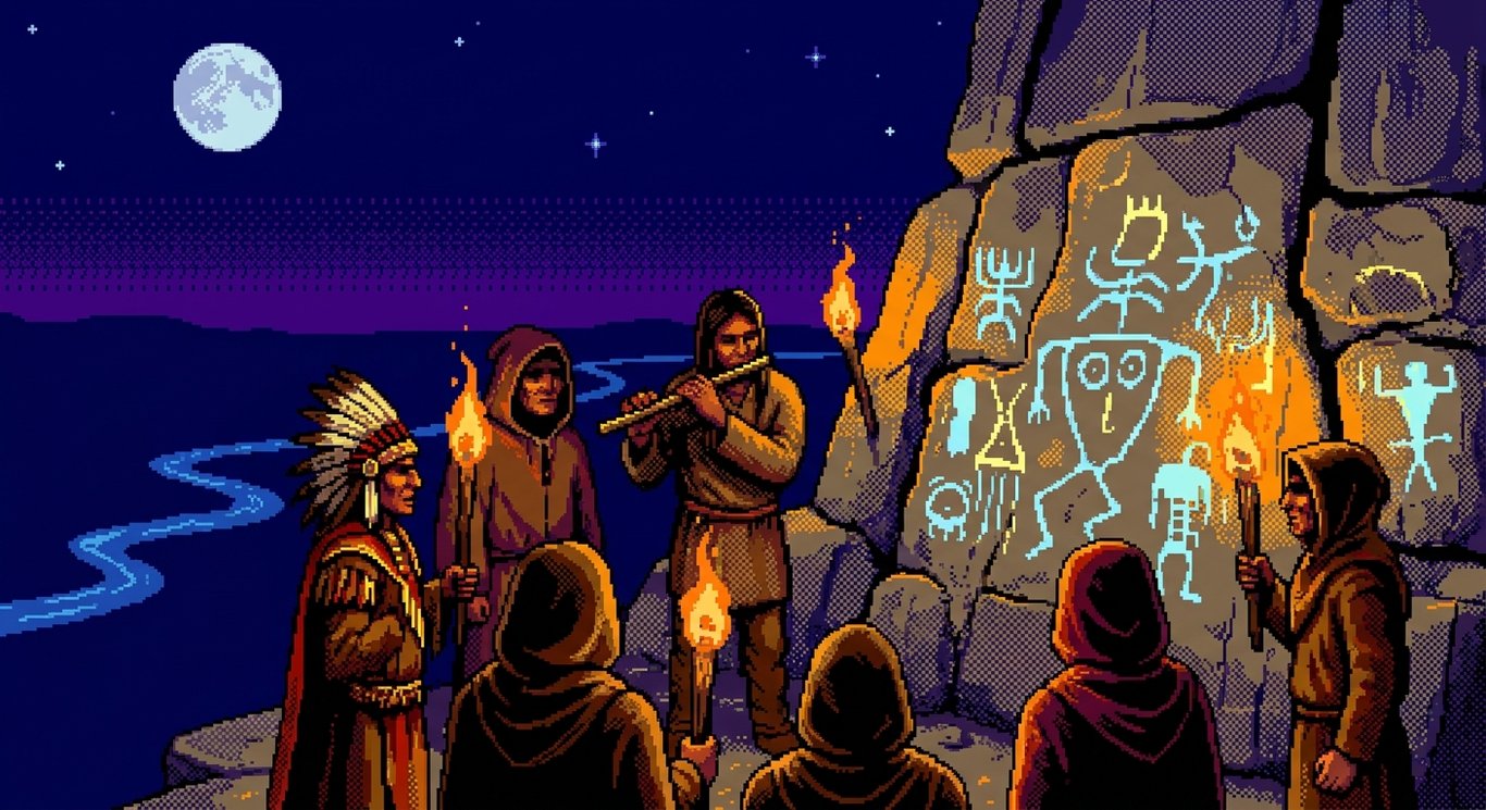 Night Ceremony — AI-generated collectible card | Sand Island Petroglyphs