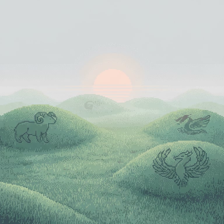 Grassy Mounds and Spirit Animals — AI-generated collectible card | Sanguanmiao Han Dynasty Tombs