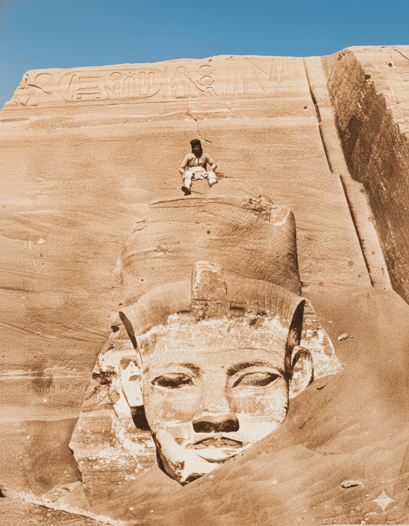 One Of The Colossi At The Great Temple Of Abu Simbel, Egypt, Taken By The French Photographer Maxime Du Camp In March 1850 Recolored — AI restored colour version | Colossi at the Temple of Abu Simbel
