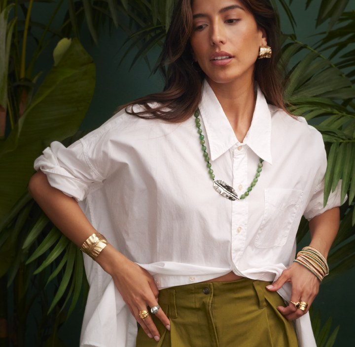 Mignon Faget model wearing new Banana Leaf Collection for Summer
