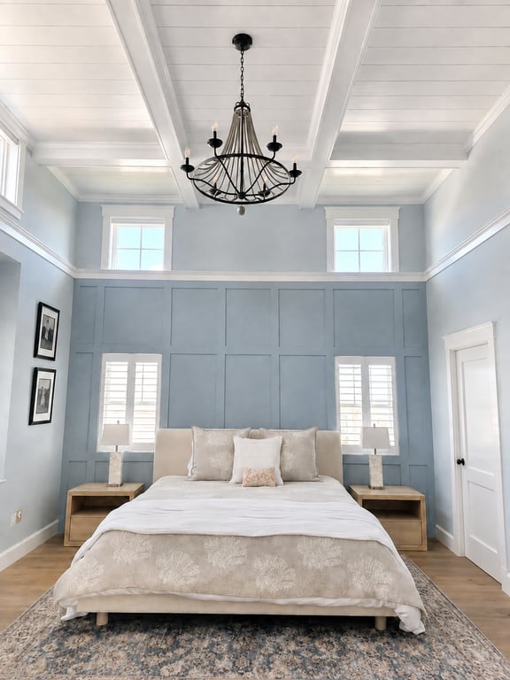Master bedroom in Plymouth featuring a coffered ceiling, blue-gray feature wall with paneling, symmetrical windows with shutters, wooden nightstands, and a black chandelier.