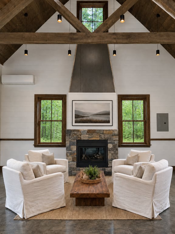 Interior of a party barn in Lakeville featuring exposed wood beam ceiling, stone fireplace, large windows, pendant lighting, and white upholstered seating.