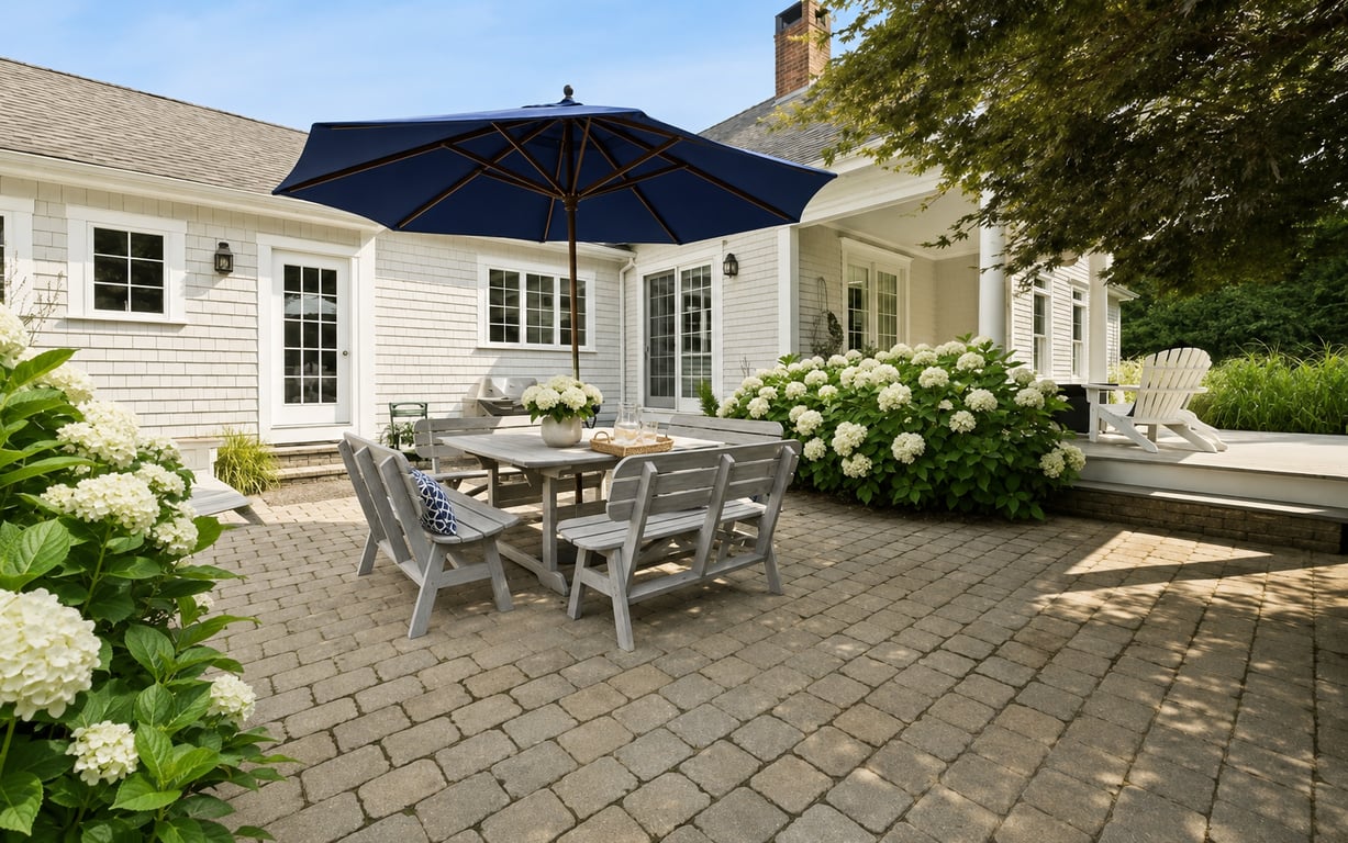 Finished back patio in Lakeville with paver seating area, dining table, hydrangea landscaping, and white colonial home exterior.