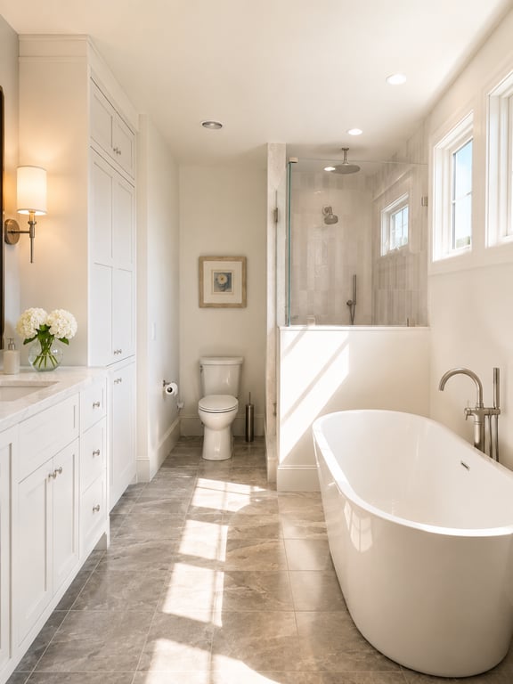 A renovated master bathroom with white cabinetry, a freestanding soaking tub, walk-in shower with glass enclosure, and tile flooring in Marion.