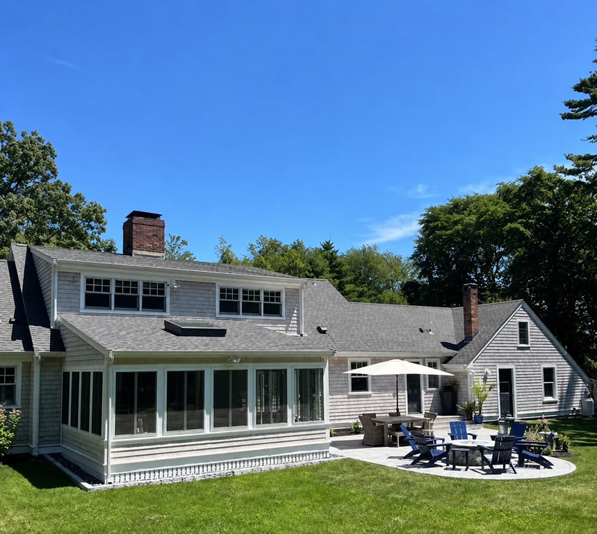 Completed three-season porch addition with large multi-pane windows and white trim attached to a shingled house, viewed from the lawn with patio seating in the foreground.