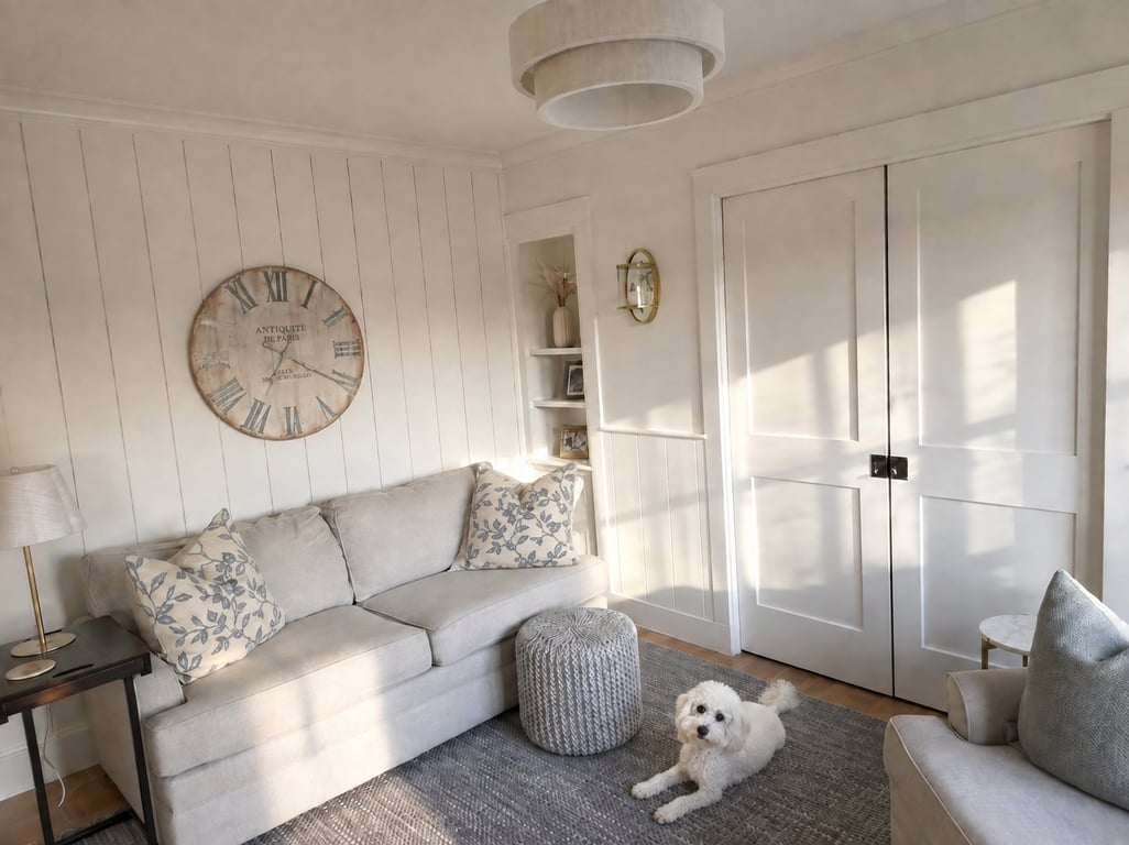 A finished den or office in Marion with shiplap wall paneling, white built-in cabinetry, a cream-colored sofa, and white French doors.