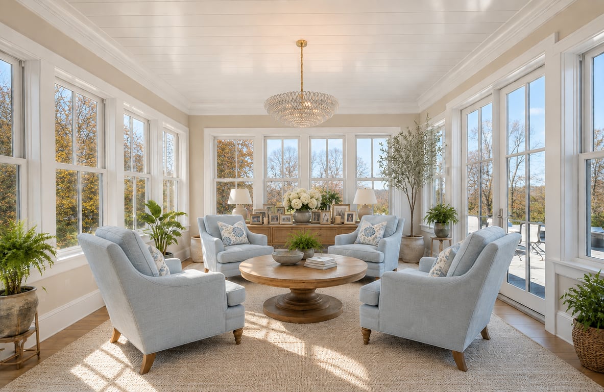 Architectural rendering of a sunroom addition with extensive window walls, light blue upholstered seating, a round wooden table, and views to fall foliage.