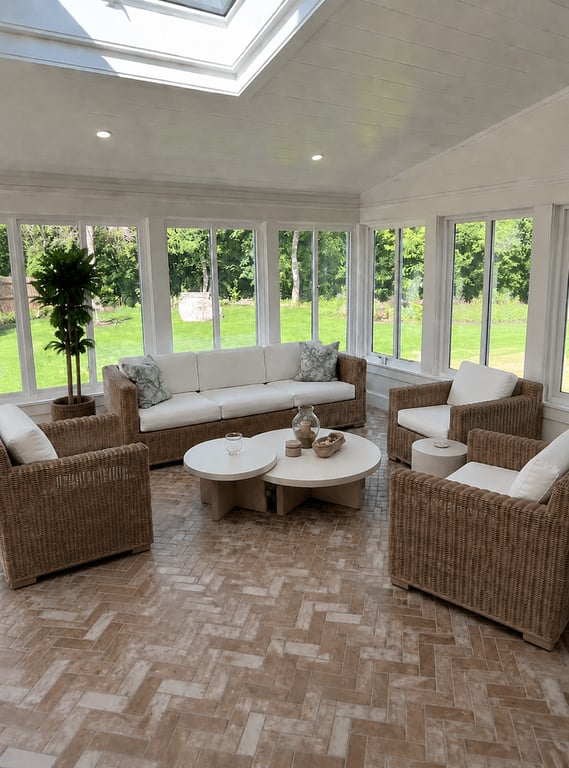 Interior of a three-season porch addition in Marion featuring large fixed windows overlooking a yard, skylight, recessed lighting, herringbone tile flooring, and wicker seating with cushions.