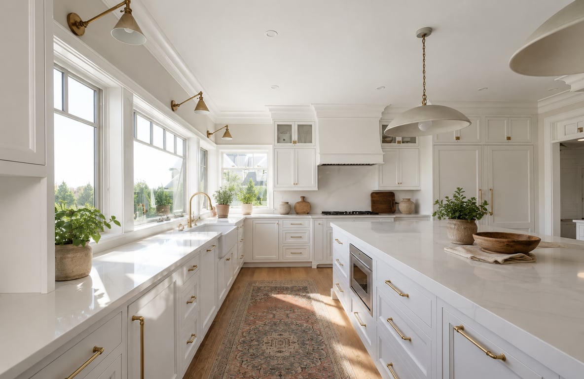 Finished kitchen remodel in Cohasset with white cabinetry, white countertops, brass fixtures, pendant lighting, and large windows overlooking the exterior.