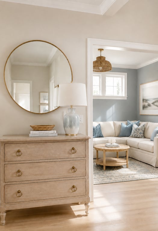 An entryway and den remodel showing a light wood dresser with round mirror, table lamp, and a view through to a gray-accented living room with cream sofa and round wood table.
