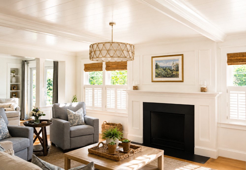 Rendered interior of a living room with a fireplace, white paneled walls, gray upholstered seating, woven pendant light, and plantation shutters on multiple windows.