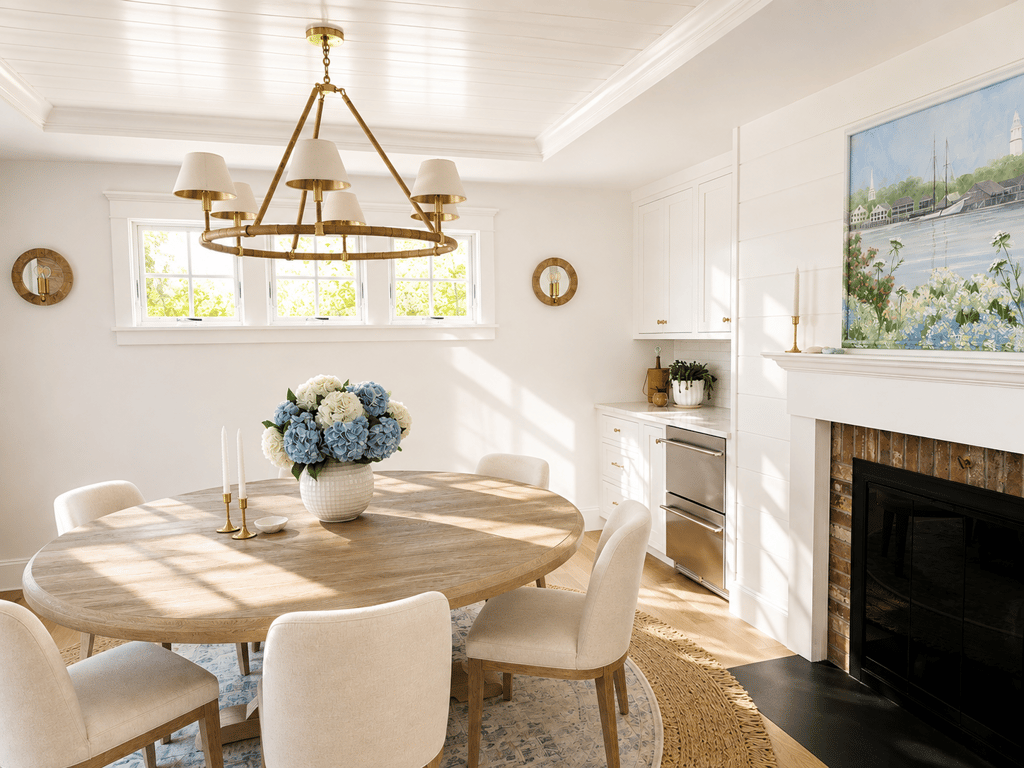 Rendered dining room with light oak oval table, cream upholstered chairs, brass chandelier, white cabinetry, fireplace with brick surround, and large window with natural light.