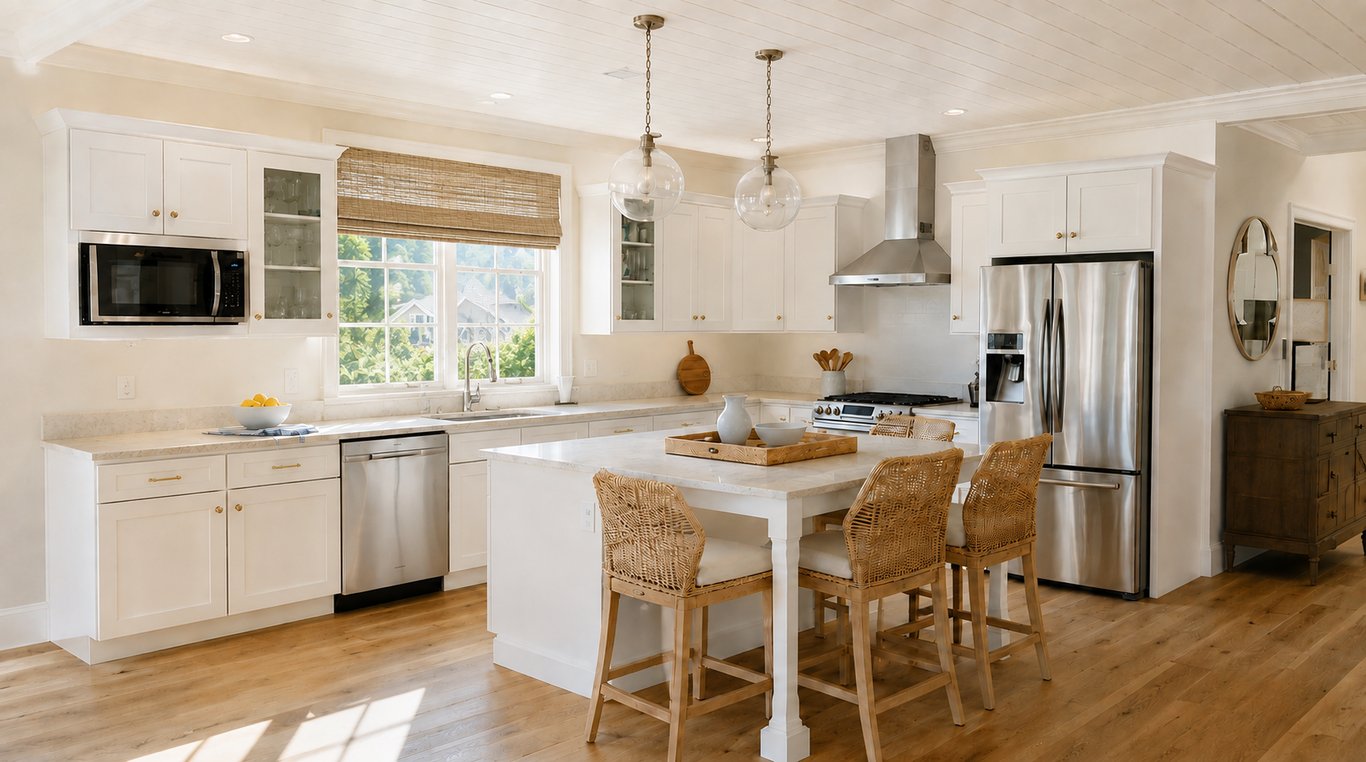 Completed kitchen remodel with white cabinetry, stainless steel appliances, quartz countertops, a large island with seating, pendant lighting, and hardwood flooring.
