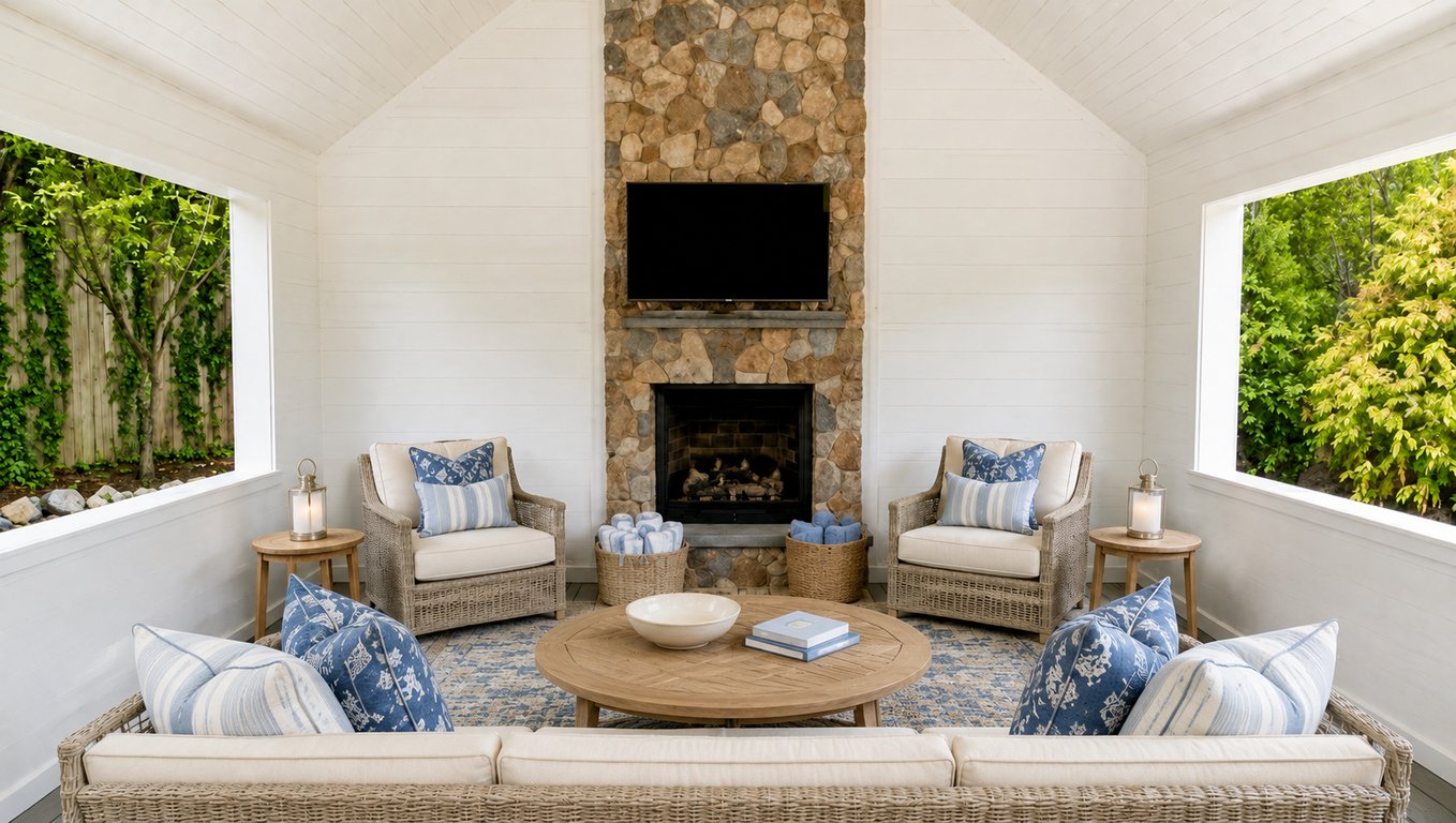 Interior of a pool house with white vaulted ceilings, large windows overlooking greenery, a stone fireplace with television and gas insert, wicker furniture with striped and patterned blue pillows, and wood side tables.
