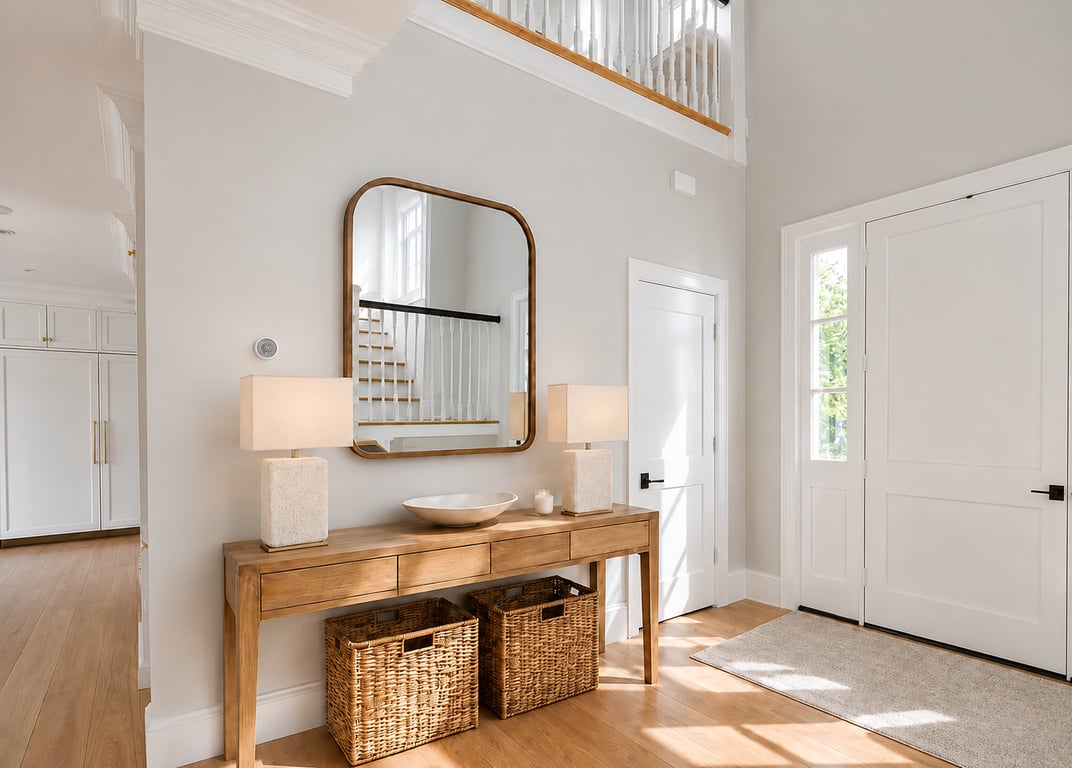 Clean entryway with wooden console table, brass-framed mirror, table lamps, woven storage baskets, white doors, and hardwood flooring.