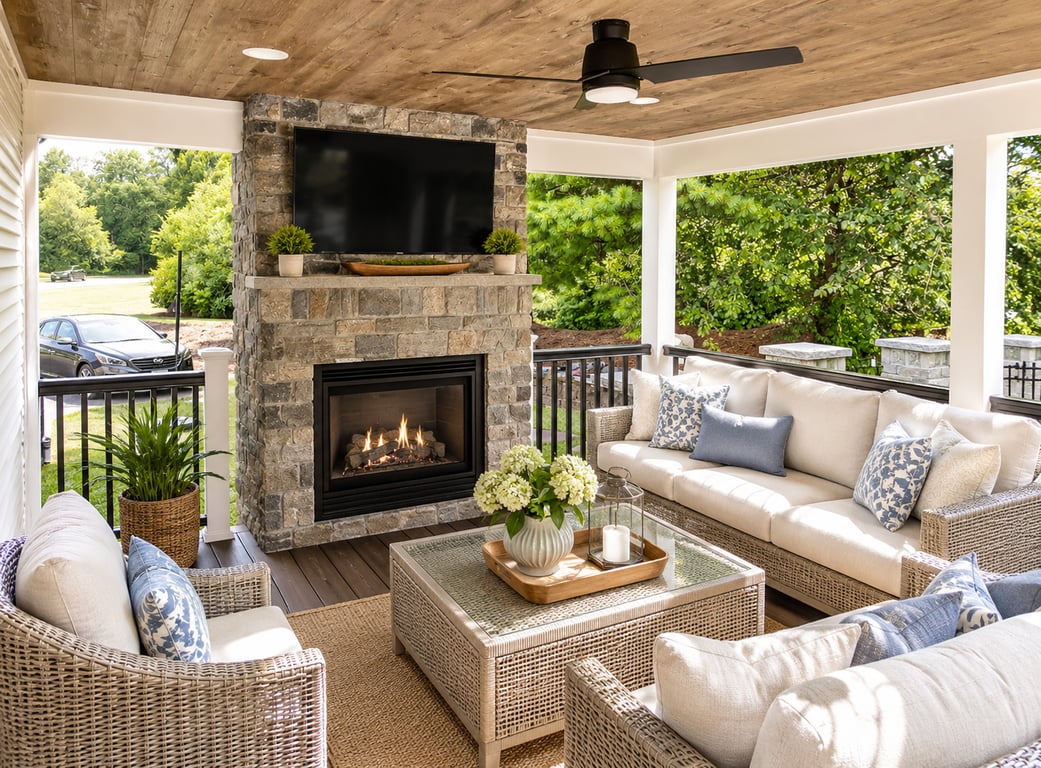 Finished porch and patio addition with stone fireplace, ceiling fan, wicker seating, and ivy-covered exterior walls.