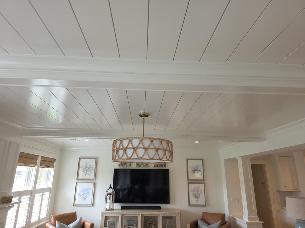 A living room with a vaulted white ceiling featuring diagonal shiplap detailing, a geometric patterned pendant light, and a mounted television flanked by framed botanical artwork in Marion.