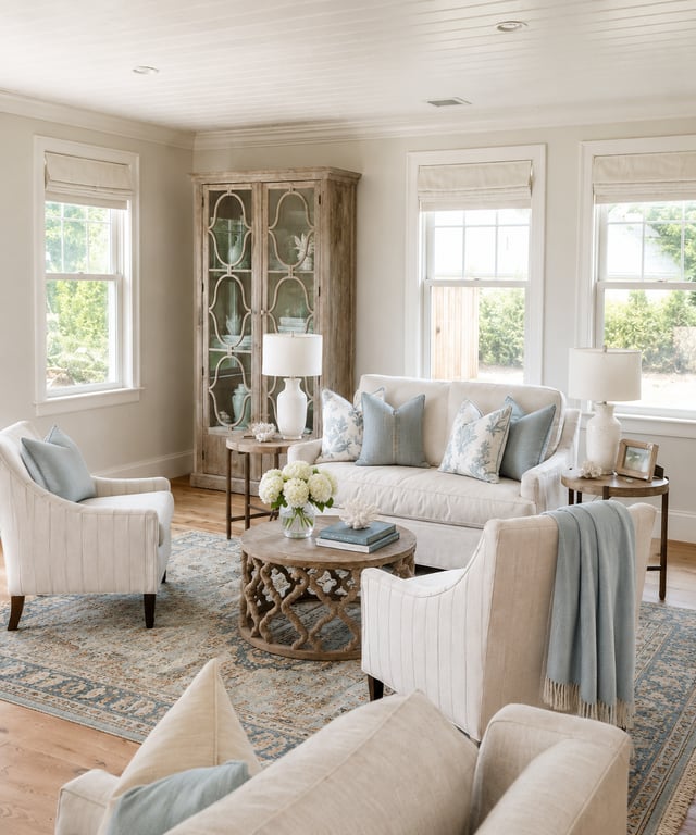 Finished seating area in a home with cream-upholstered furniture, large windows, hardwood flooring, and neutral décor in Edgartown.