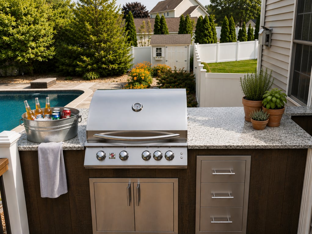 A finished outdoor kitchen with built-in grill and granite countertops on a new patio addition, overlooking a swimming pool and manicured backyard.